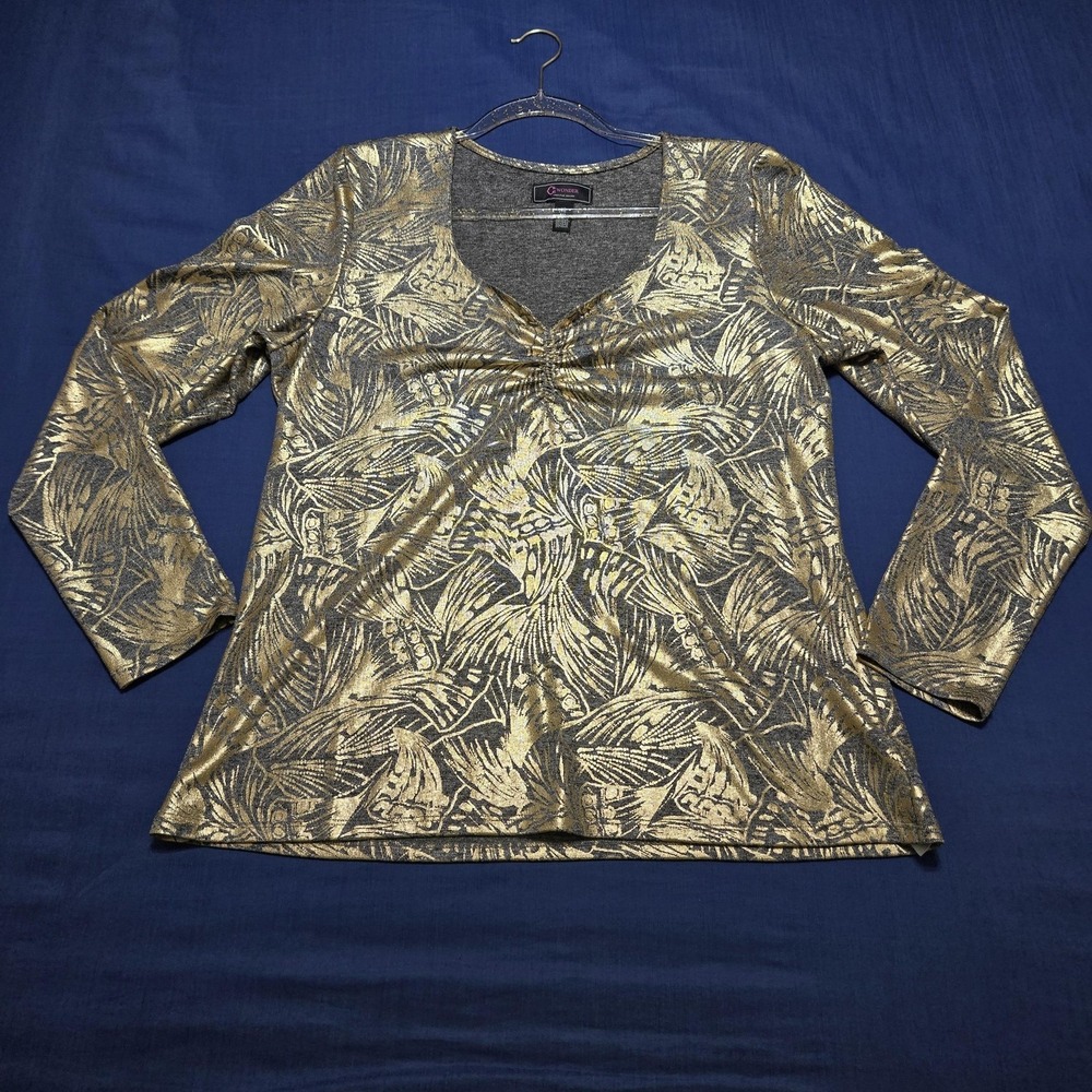 C Wonder Shirt Womens XL Gold Metallic Floral V-Neck Long Sleeve Stretch Top